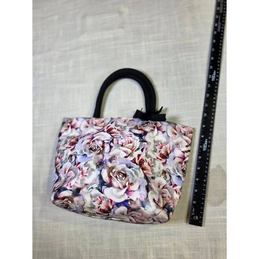 Floral Watercolor Rose Mini Tote Bag with Black Bow Detail and Padded Handles